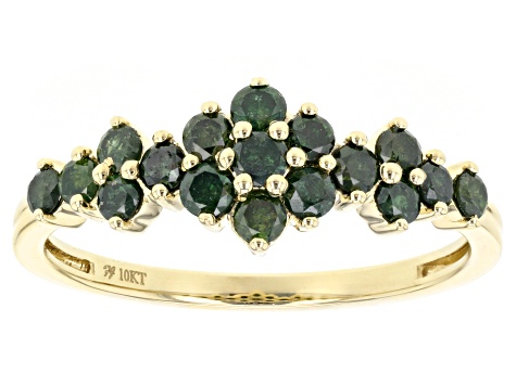 Green Diamond 10k Yellow Gold Cluster Band Ring 0.65ctw