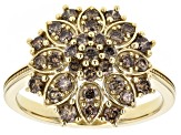 Champagne Diamond 10k Yellow Gold Cluster Ring 0.85ctw