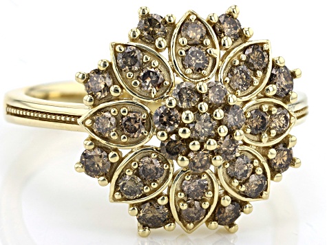 Champagne Diamond 10k Yellow Gold Cluster Ring 0.85ctw