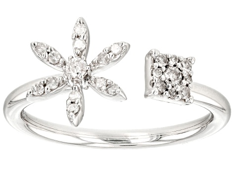 White Diamond 10k White Gold Floral Cuff Ring 0.20ctw