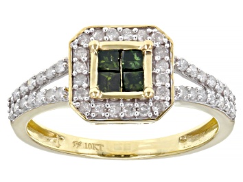 Picture of Green And White Diamond 10k Yellow Gold Quad Ring 0.75ctw