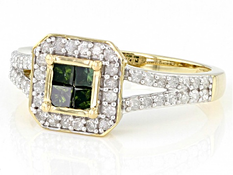 Green And White Diamond 10k Yellow Gold Quad Ring 0.75ctw