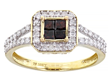 Picture of Red And White Diamond 10k Yellow Gold Quad Ring 0.75ctw