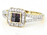 Red And White Diamond 10k Yellow Gold Quad Ring 0.75ctw