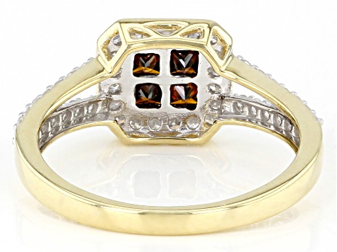 Red And White Diamond 10k Yellow Gold Quad Ring 0.75ctw