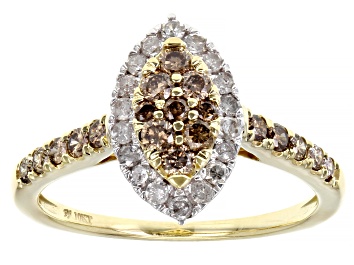 Picture of Champagne And White Diamond 10k Yellow Gold Halo Cluster Ring 0.75ctw