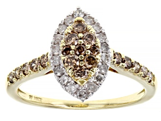 Champagne And White Diamond 10k Yellow Gold Halo Cluster Ring 0.75ctw