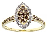 Champagne And White Diamond 10k Yellow Gold Halo Cluster Ring 0.75ctw