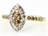 Champagne And White Diamond 10k Yellow Gold Halo Cluster Ring 0.75ctw