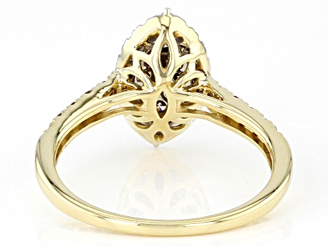 Champagne And White Diamond 10k Yellow Gold Halo Cluster Ring 0.75ctw