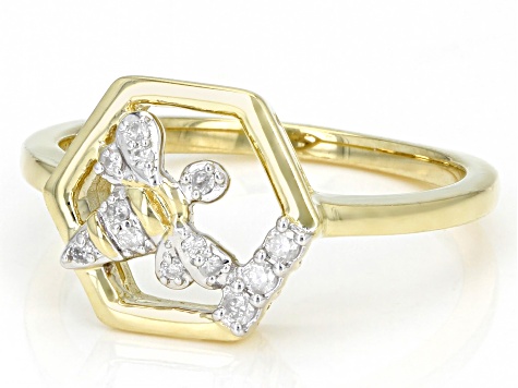 White Diamond 10k Yellow Gold Bee Ring 0.10ctw