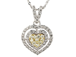 Natural Yellow And White Diamond 10k White Gold Heart Pendant With 18" Singapore Chain 0.85ctw