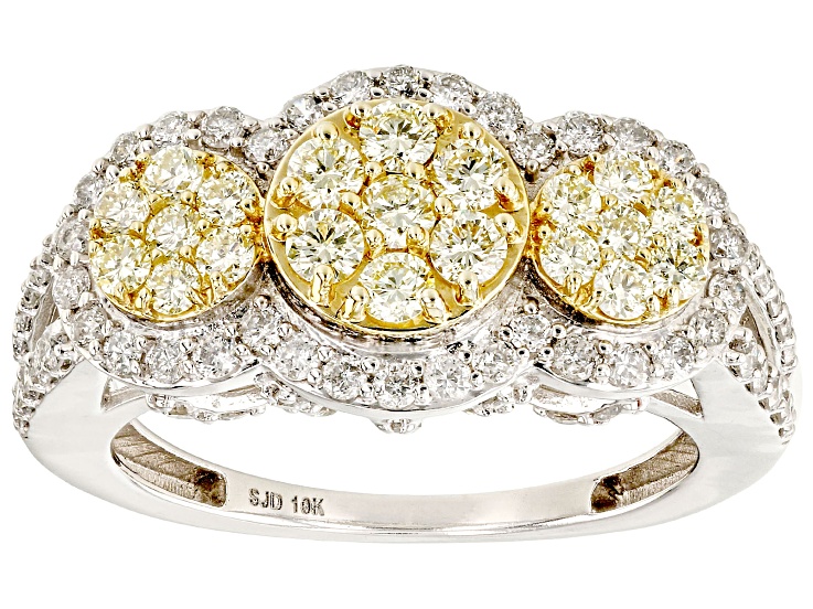 Natural Yellow And White Diamond 10k White Gold Cluster Ring
