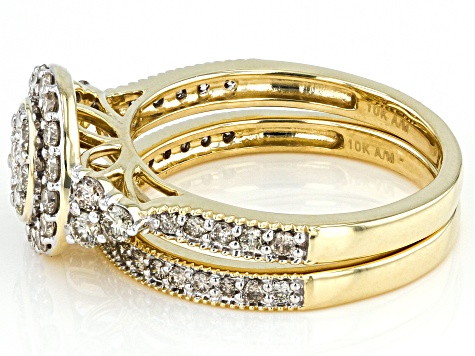 Diamond 10k Yellow Gold Halo Ring Set 0.95ctw