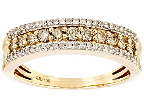 Champagne And White Diamond 10k Yellow Gold Band Ring 0.50ctw