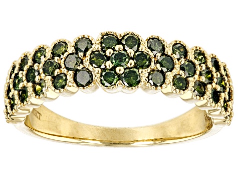 Round Green Diamond 10k Yellow Gold Band Ring 1.00ctw