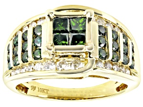 Princess Cut & Round Green And White Diamond 10k Yellow Gold Quad Ring 1.55ctw