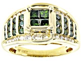 Princess Cut & Round Green And White Diamond 10k Yellow Gold Quad Ring 1.55ctw