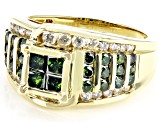 Princess Cut & Round Green And White Diamond 10k Yellow Gold Quad Ring 1.55ctw