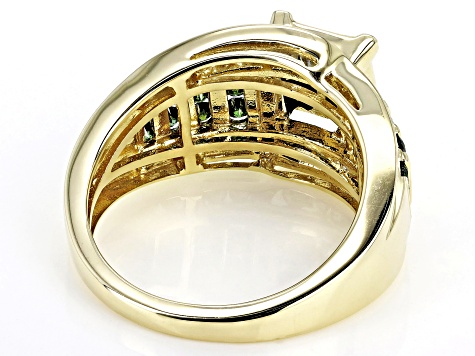 Princess Cut & Round Green And White Diamond 10k Yellow Gold Quad Ring 1.55ctw