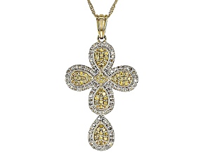 Natural Yellow And White Diamond 10k Yellow Gold Cross Pendant With 18" Singapore Chain 0.85ctw