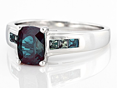 Blue Rectangular Cushion Lab Created Alexandrite Rhodium