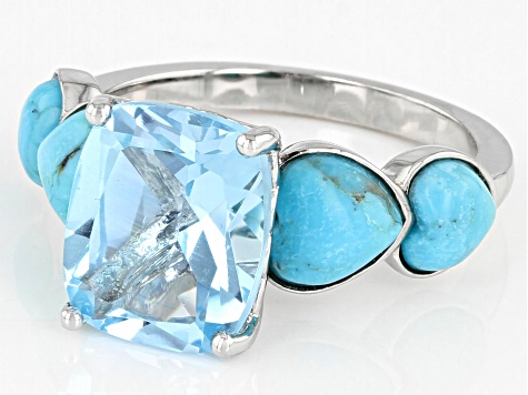 Sky Blue Topaz With Heart Shaped Turquoise Rhodium Over Sterling Silver  Ring 4.25ct - SEH018