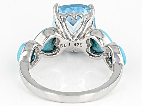 Sky Blue Topaz With Heart Shaped Turquoise Rhodium Over Sterling Silver Ring 4.25ct