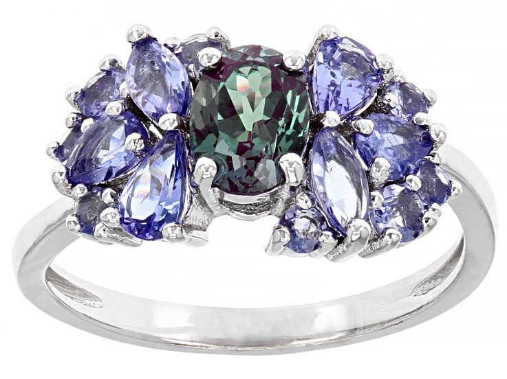 1.97ctw Blue Oval Lab Alexandrite And Tanzanite Rhodium Over Sterling Silver Ring