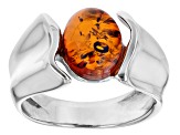 Brown Oval Cabochon Cognac Amber Rhodium Over Sterling Silver Solitaire Ring 10x8mm