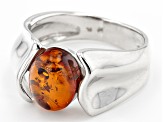 Brown Oval Cabochon Cognac Amber Rhodium Over Sterling Silver Solitaire Ring 10x8mm