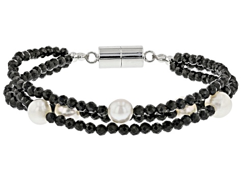 Black Spinel Rhodium Over Sterling Silver Beaded Necklace - CTB503