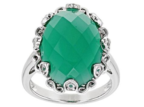 Green Onyx Rhodium Over Sterling Silver Ring 18x13mm