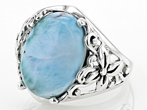 Blue Cabochon Larimar Sterling Silver Ring 16x12mm