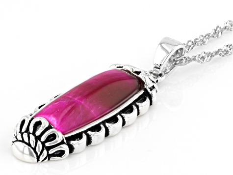 Pink Tiger's Eye Oxidized Sterling Silver Pendant with Chain 20x8mm