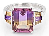Bi Color Ametrine, Amethyst And Citrine Rhodium Over Sterling Silver Ring 5.14ctw