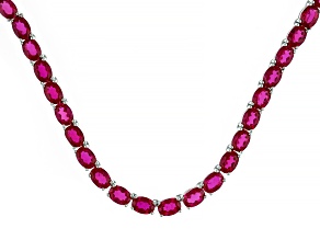 Red Lab Created Ruby Rhodium Over Sterling Silver Tennis Necklace 63.65ctw