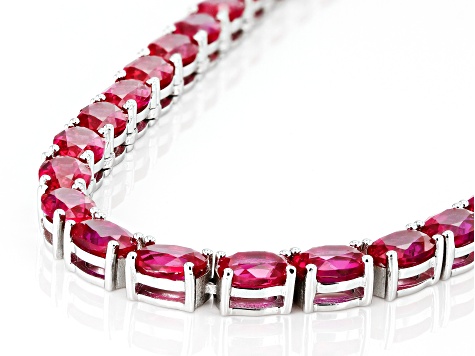Red Lab Created Ruby Rhodium Over Sterling Silver Tennis Necklace 63.65ctw