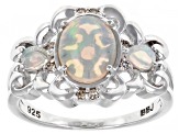 Oval Ethiopian Opal And Champagne Diamond Rhodium Over Sterling Silver Ring 1.14ctw