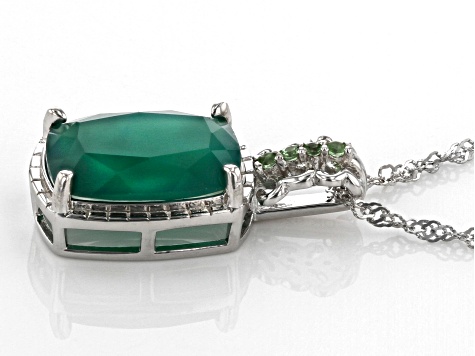 Green Onyx, Tsavorite Rhodium Over Sterling Silver Pendant With Chain 5.63ctw