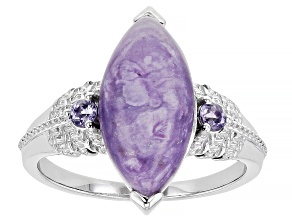 Purple Marquise Charoite With Round Tanzanite Rhodium Over Sterling Silver Ring 16x8mm