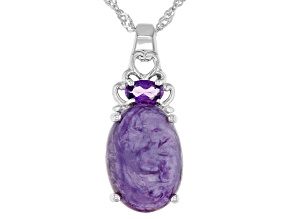 Purple Charoite Rhodium Over Sterling Silver Pendant With Chain 0.19ctw