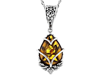 Picture of Yellow 18x13mm Pear Shaped Amber Rhodium Over Sterling Silver Pendant With Chain