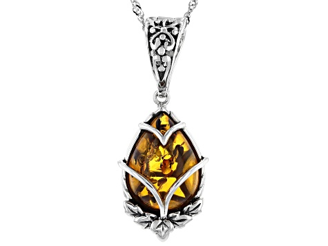 Yellow 18x13mm Pear Shaped Amber Rhodium Over Sterling Silver Pendant With Chain