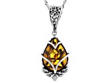 Yellow 18x13mm Pear Shaped Amber Rhodium Over Sterling Silver Pendant With Chain