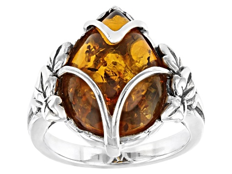 DIAMOND SHAPED, AMBER, VINTAGE GLASS CABOCHON, STERLING SILVER BOX CLASP