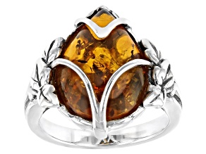 Yellow Pear Shaped Amber Rhodium Over Sterling Silver Ring