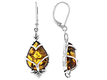 Picture of Pear Cabochon Amber Rhodium Over Sterling Silver Dangle Earrings