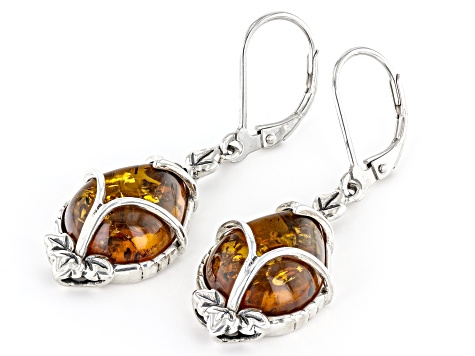 Pear Cabochon Amber Rhodium Over Sterling Silver Dangle Earrings