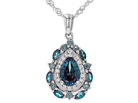 Blue Lab Created Alexandrite Rhodium Over Sterling Silver Pendant with Chain 2.64ctw